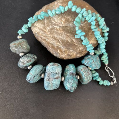 Navajo Chunky Blue Turquoise Nugget Necklace | Sterling Silver | Authentic Native American Handmade | 20" | 14415