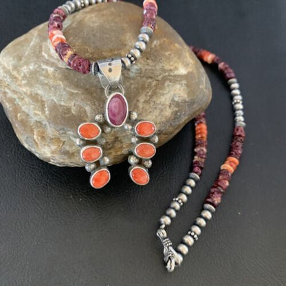 Navajo Purple Spiny Oyster Cluster Necklace | Sterling Silver Naja Pendant | Authentic Native American Handmade | 13154