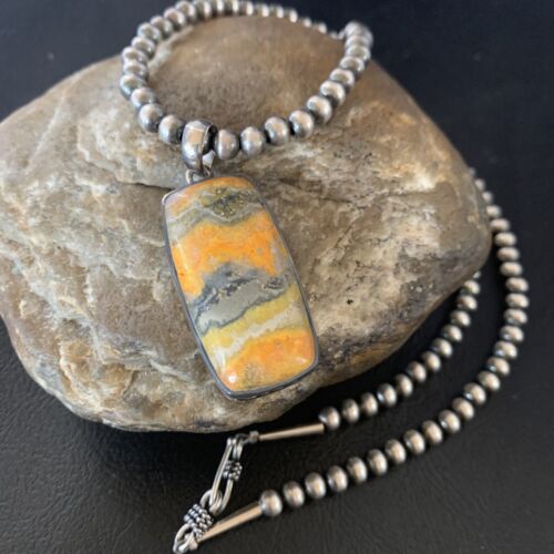 Navajo Bumblebee Jasper Pendant Necklace | Sterling Silver | Authentic Native American Handmade | 12726