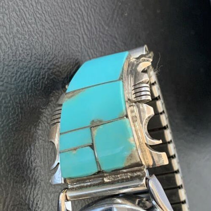 Navajo Men's Watch Tips | Sterling Silver & Turquoise Inlay | Authentic Native American Jewelry | 2094