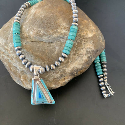 Authentic Native American Navajo Sterling Silver Pendant | Blue Turquoise & Opal Inlay Necklace | 11475