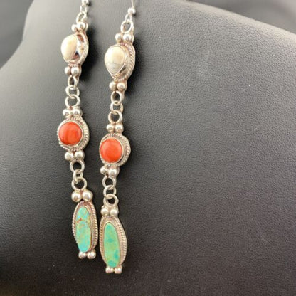 Navajo Howlite, Spiny Oyster & Turquoise Dangle Earrings | Sterling Silver | Authentic Native American Handmade | 1629