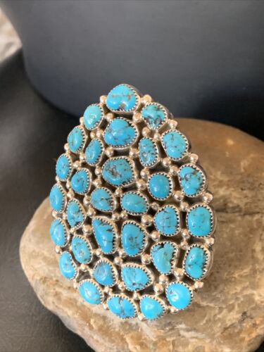 Navajo Kingman Turquoise Cluster Ring | Authentic Native American Sterling Silver | Multi-Stone | Sz 7 | 12227
