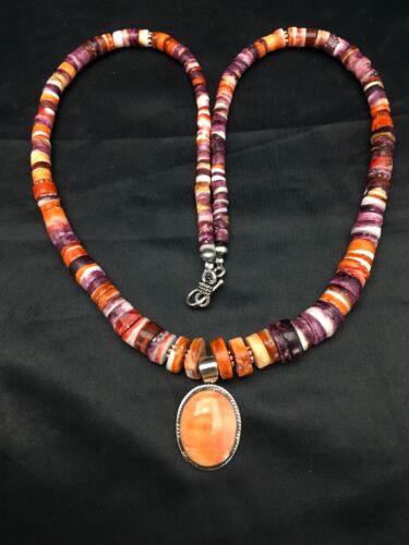 Navajo Orange Spiny Oyster Pendant Necklace Set | Sterling Silver | Authentic Native American Handmade | 2772