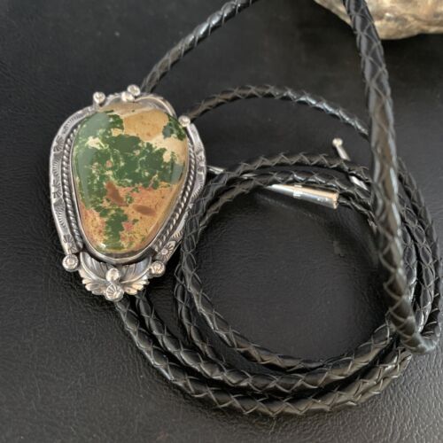 Navajo Green Royston Turquoise Bolo Tie | Sterling Silver | Authentic Native American Handmade | 14107