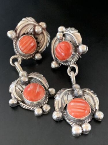 Native American Handmade Navajo Red Spiny Oyster Dangle Earrings | Sterling Silver | 2061