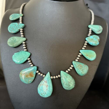 Navajo Teardrop Blue Turquoise Necklace | Sterling Silver Pearls | Authentic Native American Handmade | 14389