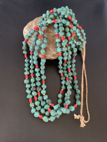 Native American Santo Domingo Blue Turquoise Coral Nugget Bead Necklace | 34" | 13183