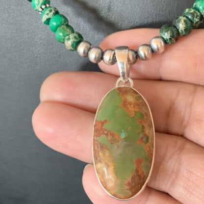 Navajo Pearls Green Turquoise Pendant Necklace | Sterling Silver Beads | Authentic Native American Handmade | 13309
