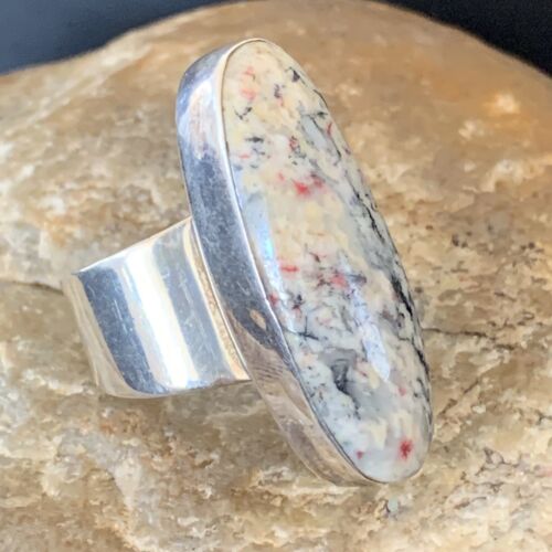 Navajo Men's White Black Cinnabrite Ring | Sterling Silver | Sz 7.5 | Authentic Native American Handmade | 1553