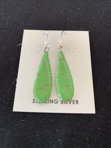 Southwestern Navajo Green Gaspeite Inlay Earrings | Sterling Silver | 1.5" | 977