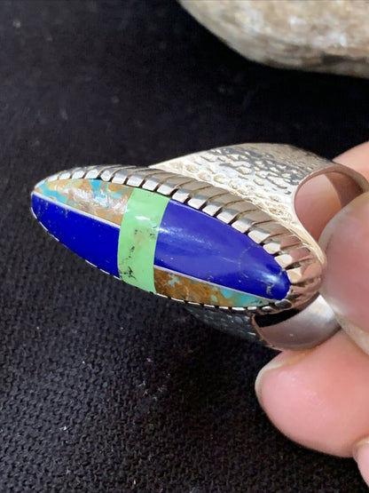 Native American Multi-Color Lapis Turquoise Inlay Ring | Sterling Silver | Sz 7 | 01469 - Masha USA