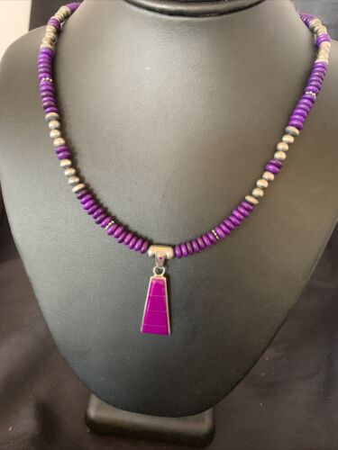 Authentic Native American Navajo Pearl Necklace with Purple Sugilite Pendant | Sterling Silver | 18" | 12349