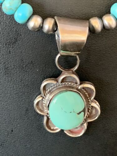 Navajo Blue Turquoise Pendant Necklace | Sterling Silver Pearls | Authentic Native American Handmade | 13219