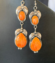 Navajo Orange Spiny Oyster Dangle Earrings | Sterling Silver | Authentic Native American Handmade | 12201