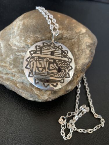 Native American Hopi Pueblo Design Stamp Pendant | Sterling Silver | Handmade | 12318 Chain