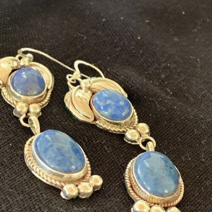 Native American Navajo Denim Lapis Dangle Earrings | Sterling Silver | 2" | 1682 - Masha USA