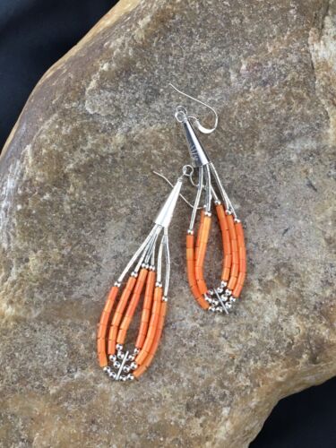 Native American Liquid Silver Heishi Dangle Earrings | Orange Coral | Sterling Silver | 2" | 2033