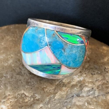 Navajo Blue Turquoise Opal Inlay Men's Pinky Ring | Sz 7 | Sterling Silver Band | 12859