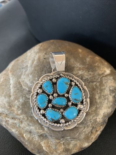 Navajo Blue Turquoise and Multi-Stone Round Cluster Pendant | Authentic Native American Sterling Silver | 2" | 02096