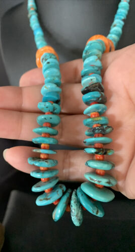 Navajo Natural Turquoise & Spiny Oyster Necklace | Sterling Silver | Authentic Native American | 25" | 13493