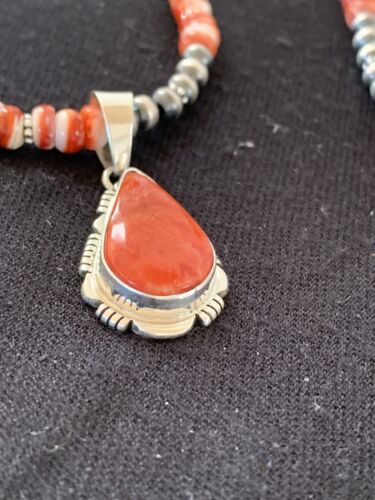 Navajo Red Spiny Oyster Pendant Necklace | Sterling Silver | 20" | Authentic Native American Handmade | 376