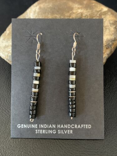 Navajo Black Onyx White Mother of Pearl Earrings | Sterling Silver | 1.5" | Authentic Native American Handmade | 13056