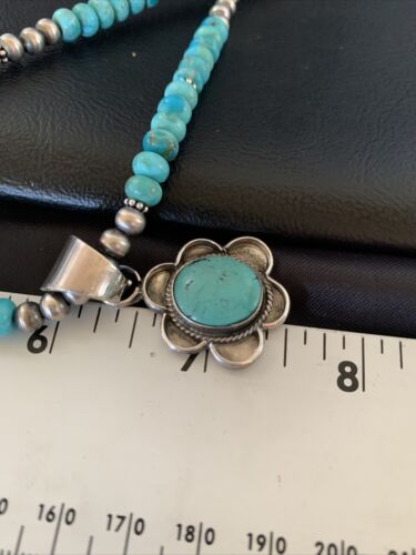 Navajo Blue Turquoise Pendant Necklace | Sterling Silver Pearls | Authentic Native American Handmade | 13220