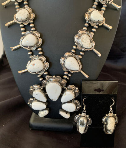Navajo White Buffalo Turquoise Sterling Squash Blossom Necklace | Naja Pendant | 10957