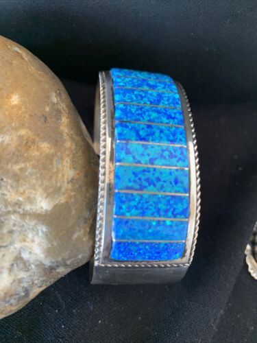 Zuni Blue Faux Opal Inlay Cuff Bracelet | Sterling Silver | Authentic Native American Handmade | 01024