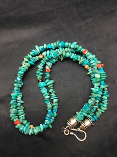 Navajo Blue Turquoise Nugget Bead Necklace | 2 Strand | Sterling Silver | 17" | Authentic Native American Handmade | 4490 - Masha USA