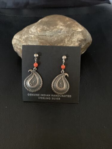 Old Pawn Southwestern Coral Dangle Earrings | Sterling Silver | 1" | 12995