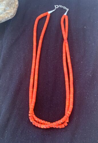 Navajo Apple Coral Tube Heishi Bead Necklace | 2 Strand | Sterling Silver | Authentic Native American Handmade | 4700