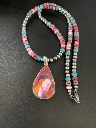 Navajo Pearls Necklace with Turquoise & Purple Spiny Oyster Pendant | Sterling Silver | 13293