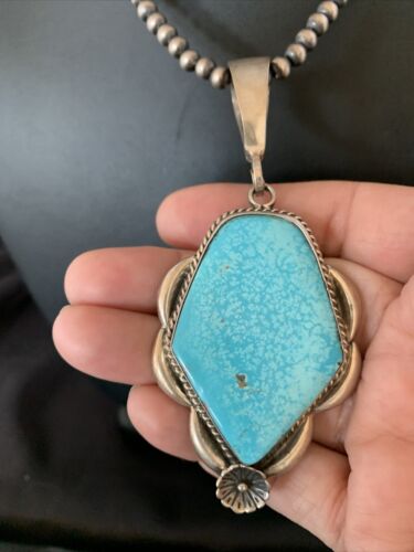 Men's Navajo Pearls Necklace with Blue Kingman Turquoise Pendant | Sterling Silver | Native American | 13255