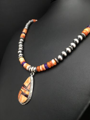 Navajo Spiny Oyster Pendant with Sugilite Inlay | Sterling Silver Necklace | Authentic Native American Handmade | 4879