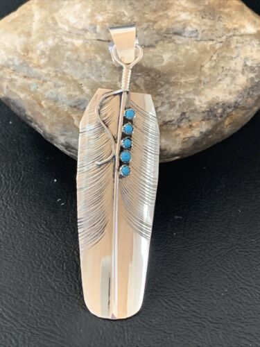 Navajo Turquoise Feather Pendant | Authentic Native American Sterling Silver | Multi-Stone | Handmade | 3.5" | 2106