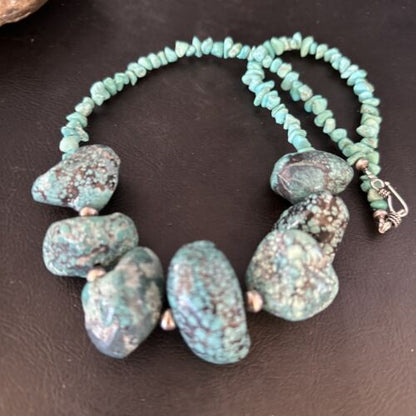 Navajo Chunky Blue Turquoise Nugget Necklace | Sterling Silver | Authentic Native American Handmade | 20" | 14417