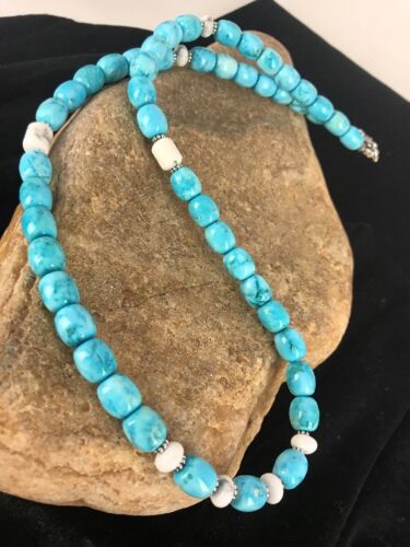 Navajo Blue Turquoise & Howlite Necklace | Sterling Silver | 21" | Authentic Native American Handmade | 3395 - Masha USA