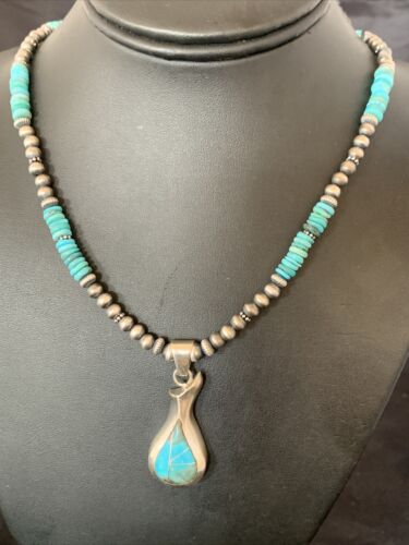Navajo Pearl Necklace with Blue Turquoise Pottery Pendant | Sterling Silver | Authentic Native American Handmade | 12502