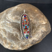 Zuni Corn Coral Mother of Pearl Turquoise Inlay Pendant | Sterling Silver | 1.75" | 13689