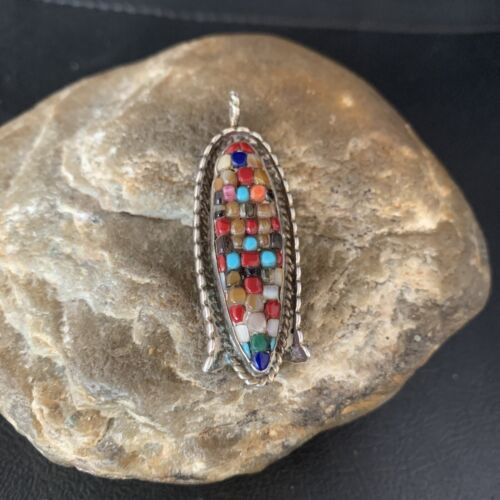 Zuni Corn Coral Mother of Pearl Turquoise Inlay Pendant | Sterling Silver | 1.75" | 13689