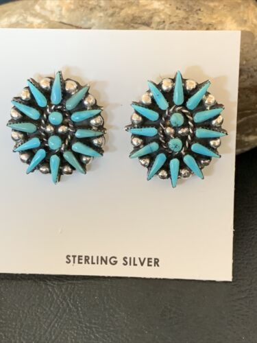 Navajo Blue Cluster Turquoise Stud Post Earrings | Sterling Silver | Authentic Native American Handmade | 12302