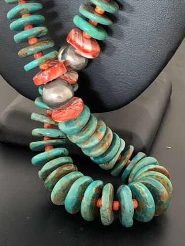 Navajo Necklace | Green Turquoise & Spiny Oyster | Sterling Silver | Authentic Native American | 28" Graduated | 01088