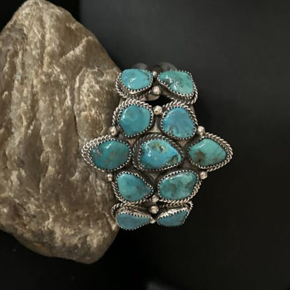 Men's Sterling Silver Cuff Bracelet | Blue Kingman Turquoise Cluster | Authentic Native American Handmade | 14596
