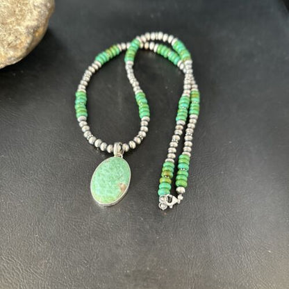 Navajo Green Turquoise Pendant Necklace | Sterling Silver | 21" | Authentic Native American Handmade | 14471