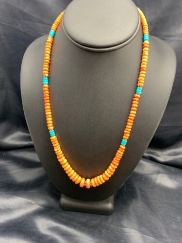 Navajo Spiny Oyster & Turquoise Graduated Necklace | Sterling Silver | Authentic Native American | 20" | 4608