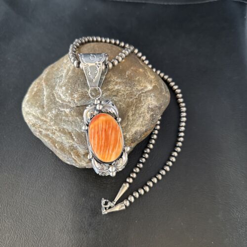 Navajo Orange Spiny Oyster Necklace Pendant | Sterling Silver | Authentic Native American Handmade | 14681