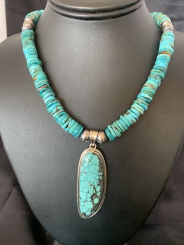 Navajo Pearls Spiderweb Beads Turquoise Necklace Pendant | Sterling Silver | Authentic Native American | Graduated | 22" | 10222