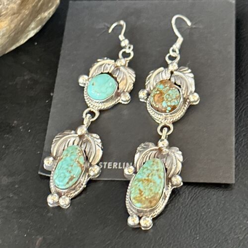 Navajo Blue #8 Turquoise Dangle Earrings | Sterling Silver | Authentic Native American Handmade | 14342